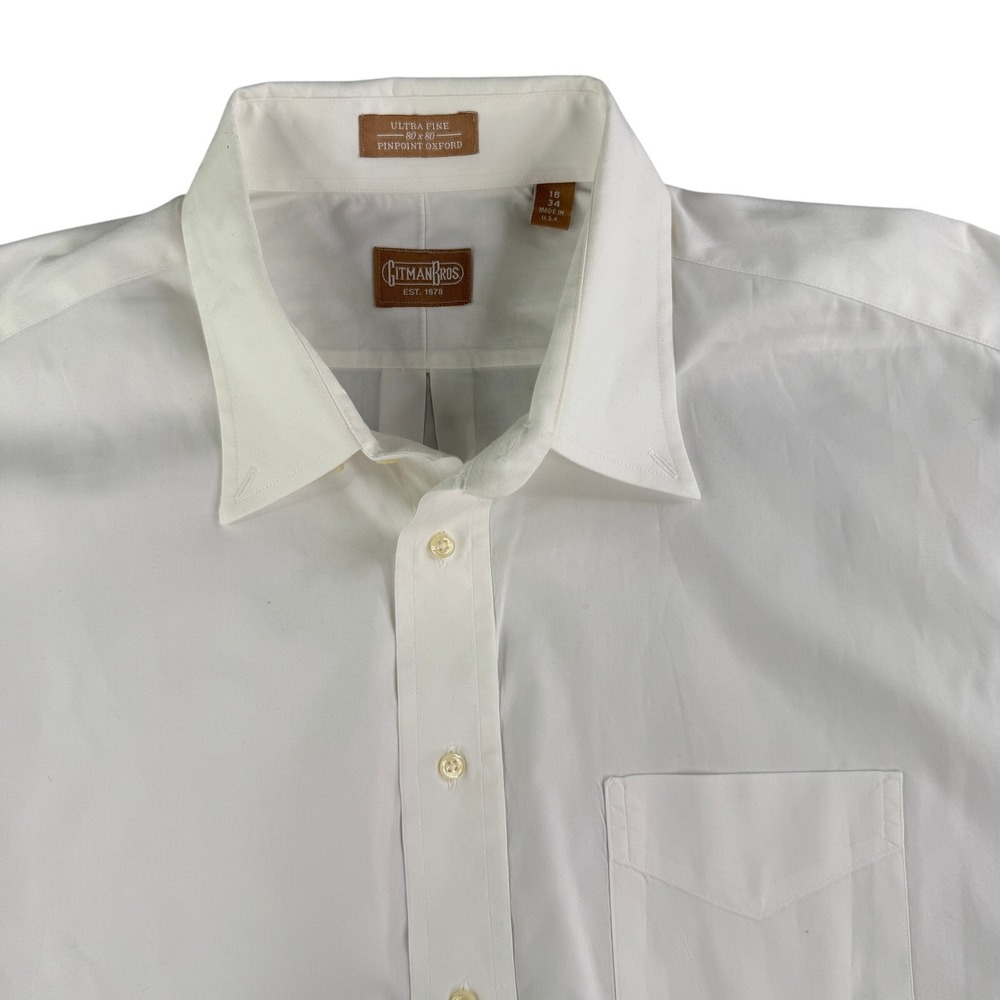 Gitman Bros Pinpoint Oxford Shirt 18 34 White Made‎ in USA Dress Button Up